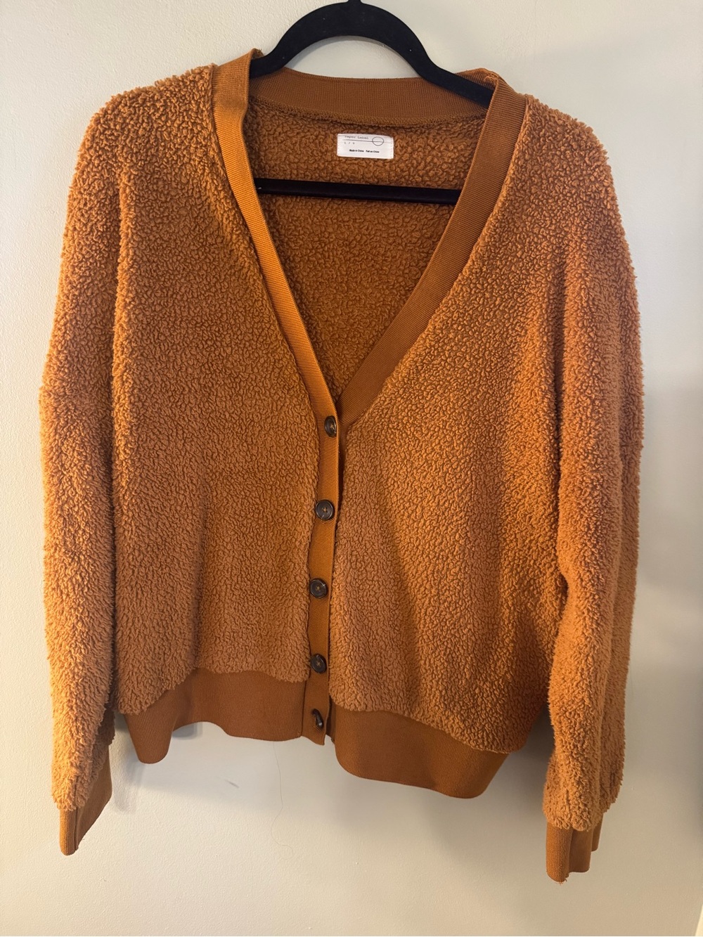 PAPER LABEL Women's Teddy Cardigan Sweater Button Front Camel Brown LARGE COZY